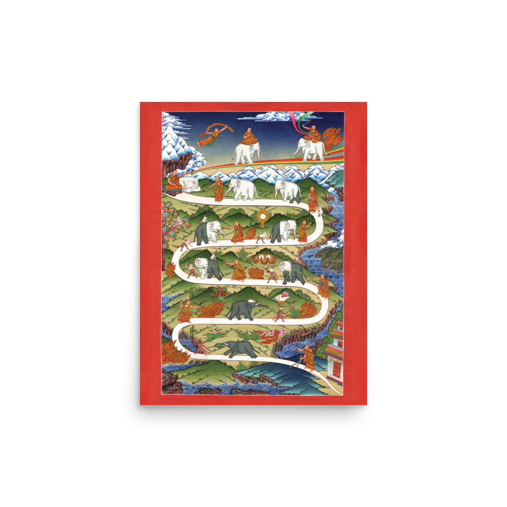 The Stages of Concentration in Meditation Poster (Museum Quality) features a vibrant mountain path with elephants, monkeys, and human figures, snowy peaks and colorful skies in the background. The red border reflects Tibetan Buddhist art elements.