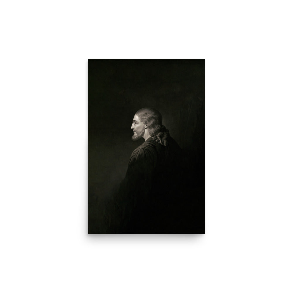 The museum-grade print, Authentic Image of Jesus, captures a black and white portrait of a man with long hair tied back, turned slightly left. Dressed in a dark garment against a muted background, it evokes the enigmatic aura of Jesus, enhancing its mysterious and timeless quality.