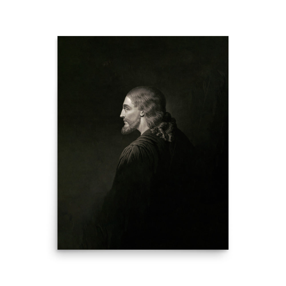 Authentic Image of Jesus Museum-grade Print: A monochromatic, side-profile portrait of a long-haired, bearded individual reminiscent of Jesus, draped in dark flowing garments. The figure faces left against a shadowy background on high-quality photo luster paper.