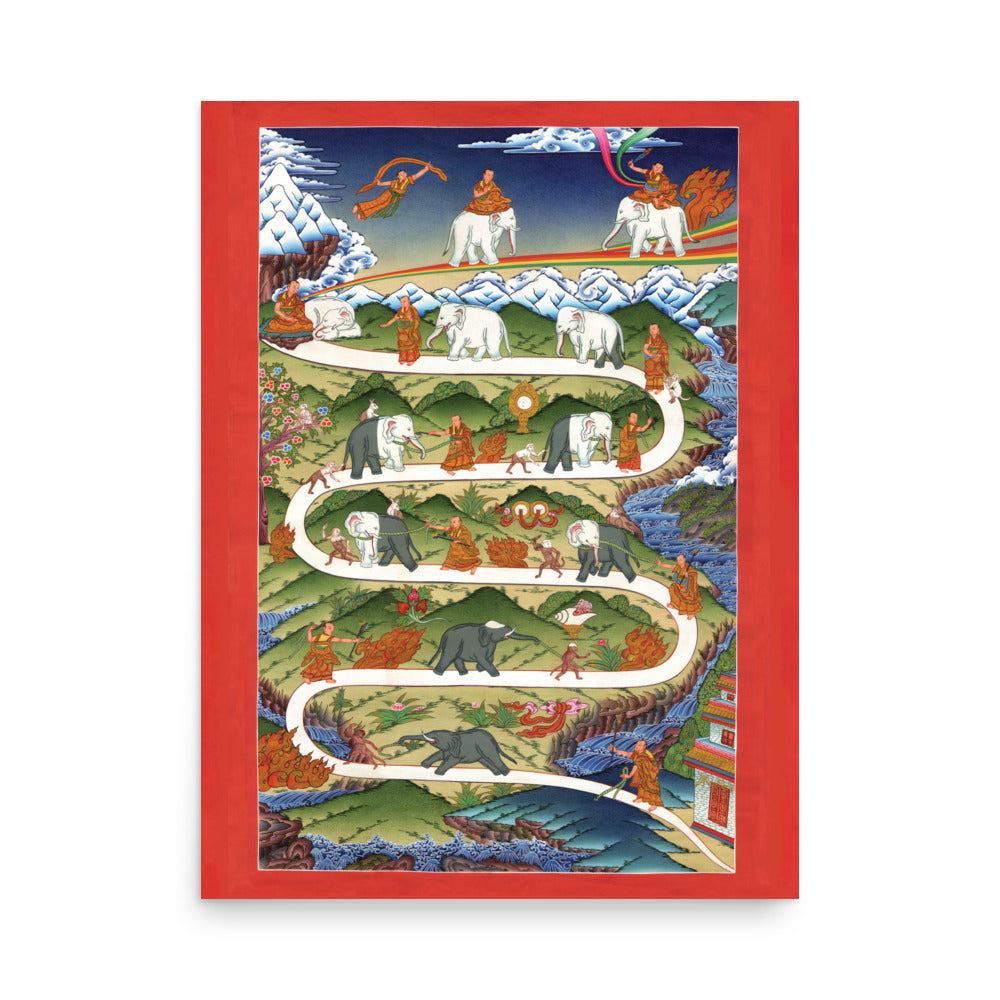 A museum-quality poster titled Stages of Concentration in Meditation features a lively thangka of the Three Poisons, with animals and monks on a winding path through various shamatha stages, enveloped by mountains, trees, and fires. It is framed by a vivid red border.