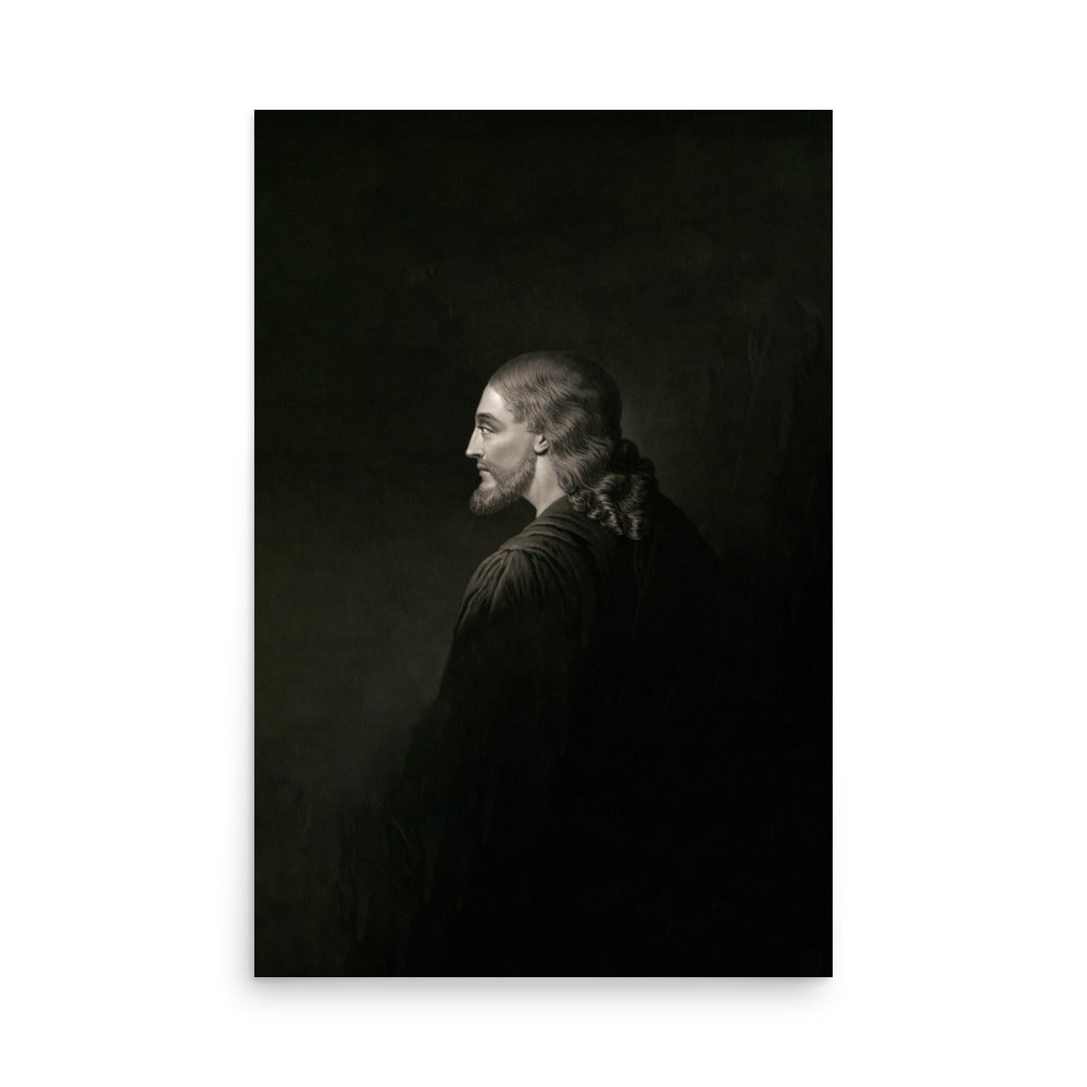 The Authentic Image of Jesus Museum-grade Print features a grayscale portrait of a long-haired person in profile, evoking Jesus of Nazareth. The robe stands out against the dark background, enhancing the clarity of the illuminated face and upper body.
