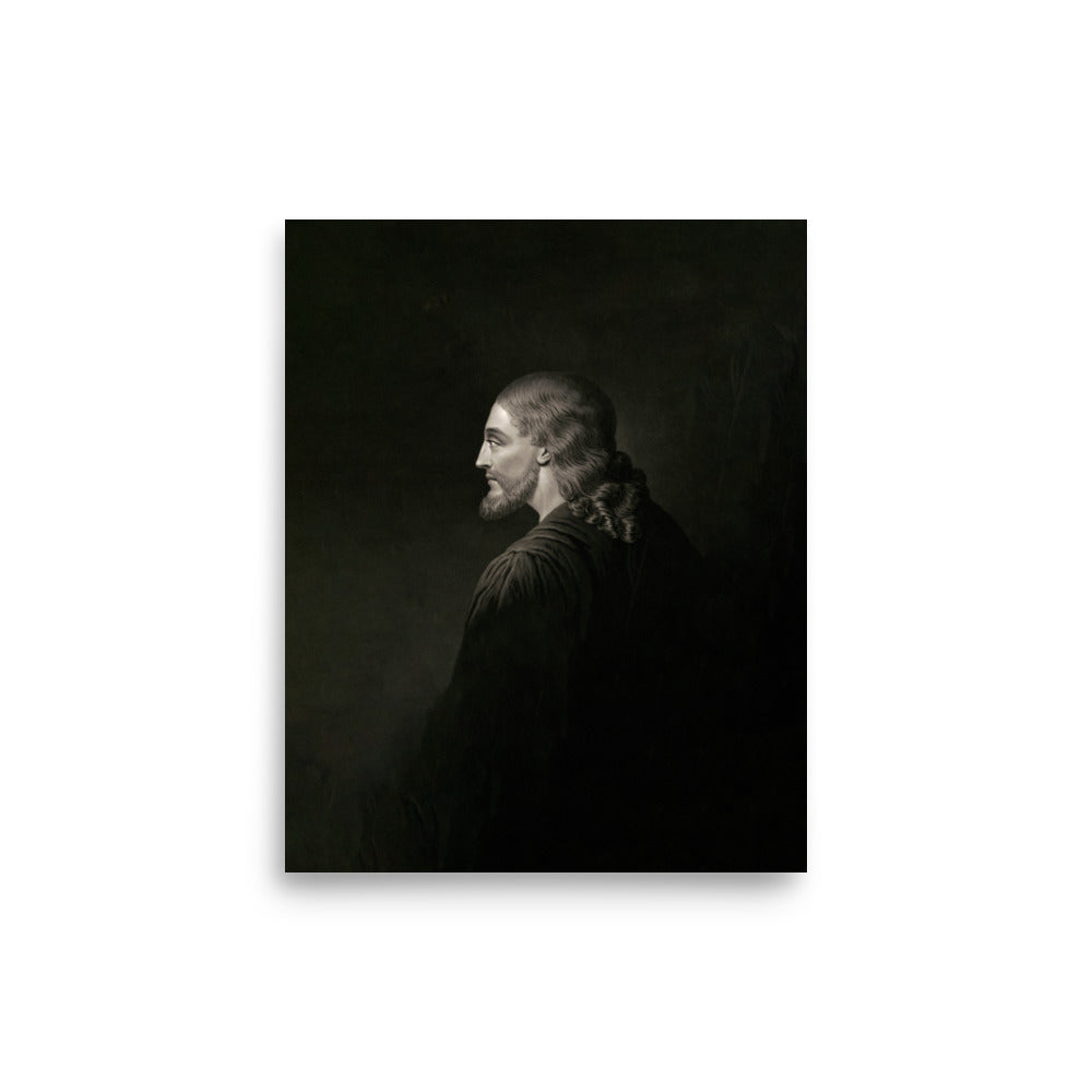 The Authentic Image of Jesus Museum-grade Print features a grayscale portrait of a long-haired, calm man reminiscent of Jesus. A dark background enhances his serene expression. This archival-quality print on photo luster paper ensures lasting elegance.
