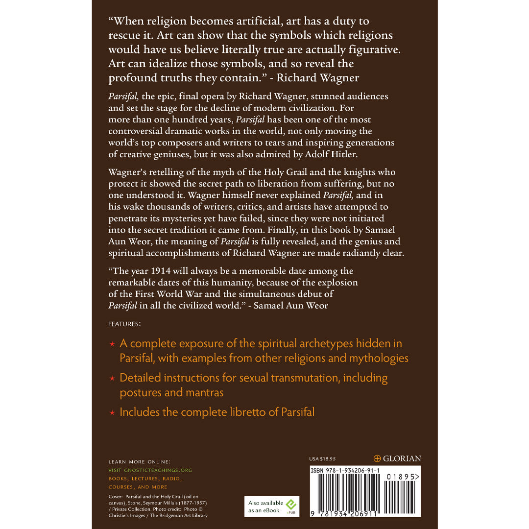 The back cover of Parsifal Unveiled features a quote by Richard Wagner, exploring themes of religion and art. This book examines the Holy Grails symbolism, myths, and Wagners opera while referencing notable authors and concepts, offering an intriguing journey through faith and creativity.