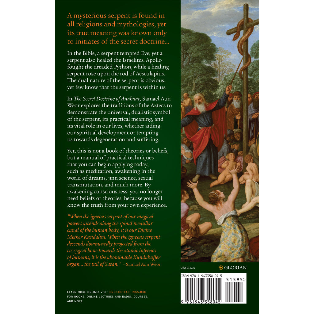The image displays the back cover of Secret Doctrine of Anahuac by Samael Aun Weor. It features vibrant mythological scenes of Ancient Americans, figures, and a serpent-dragon, with text discussing the books themes and praising the author.