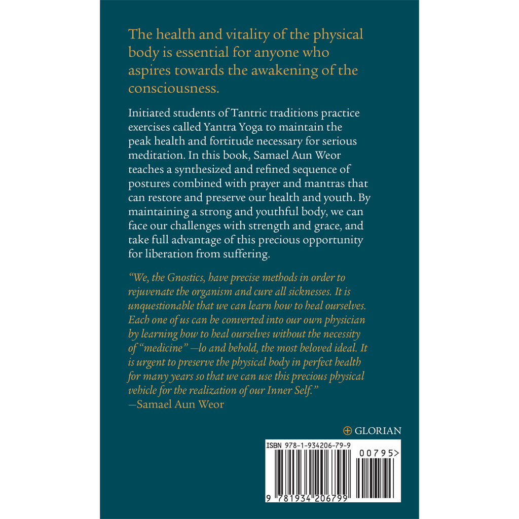 The back cover of *Sacred Rites for Rejuvenation* introduces a journey into yoga, meditation, and health through tantric wisdom. Featuring a quote by Samael Aun Weor, it rejuvenates body and spirit. ISBN and Glorian publisher are showcased at the bottom.