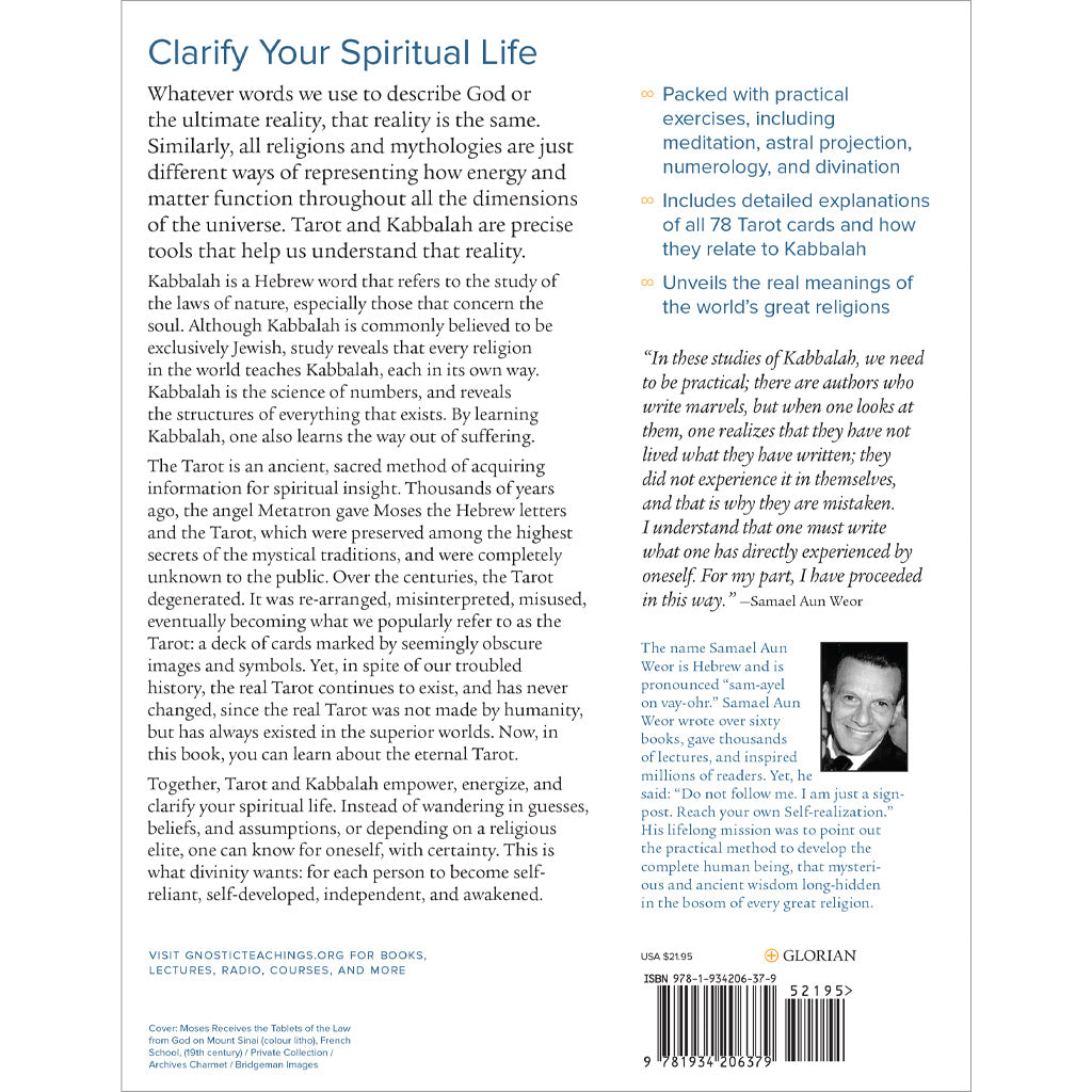 The image shows the back cover of Tarot and Kabbalah, presenting profound insights from Kabbalah. It features highlighted elements, a compelling quote, and publisher information, combining wisdom in a style similar to interpreting the Tarot.